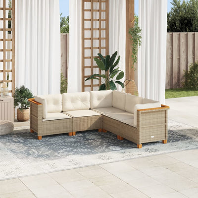 5 Piece Garden Sofa Set with Cushions Beige Poly Rattan