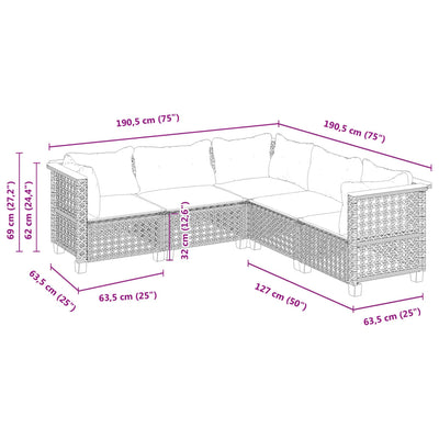 5 Piece Garden Sofa Set with Cushions Grey Poly Rattan