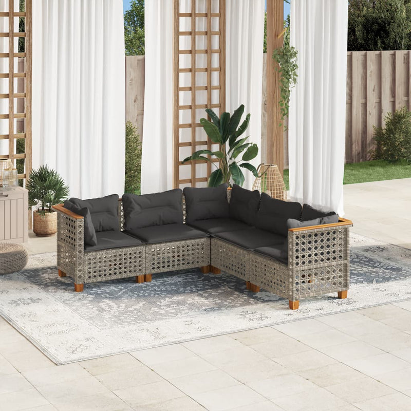 5 Piece Garden Sofa Set with Cushions Grey Poly Rattan