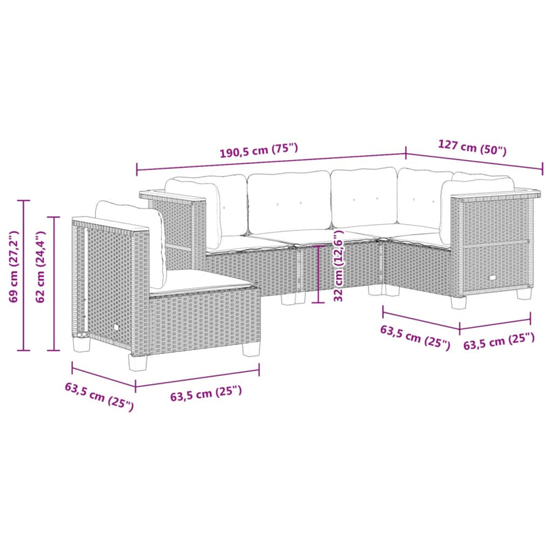 5 Piece Garden Sofa Set with Cushions Grey Poly Rattan