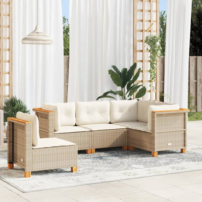 5 Piece Garden Sofa Set with Cushions Beige Poly Rattan