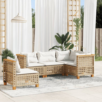 5 Piece Garden Sofa Set with Cushions Beige Poly Rattan