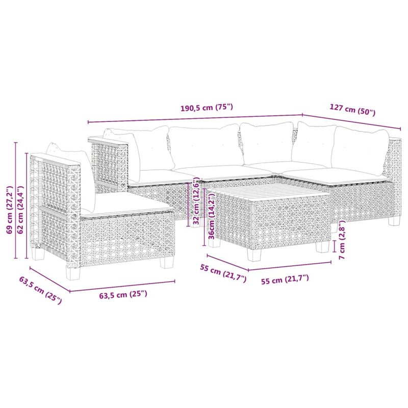 6 Piece Garden Sofa Set with Cushions Grey Poly Rattan