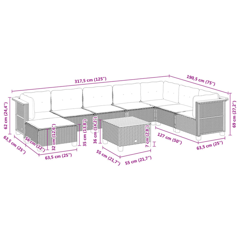 9 Piece Garden Sofa Set with Cushions Grey Poly Rattan