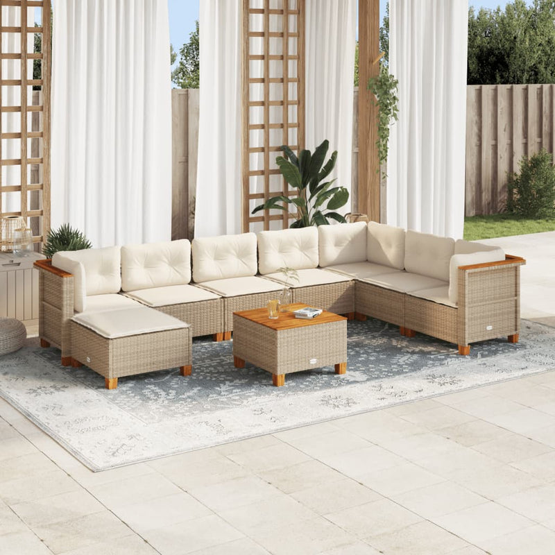 9 Piece Garden Sofa Set with Cushions Beige Poly Rattan