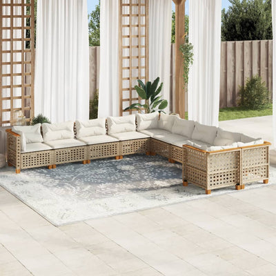 10 Piece Garden Sofa Set with Cushions Beige Poly Rattan