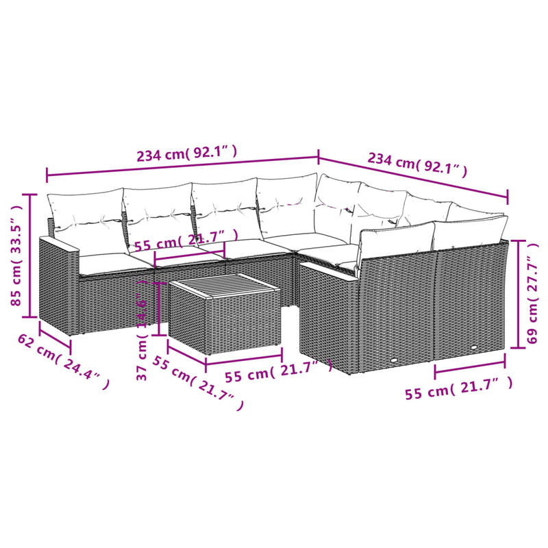 9 Piece Garden Sofa Set with Cushions Grey Poly Rattan