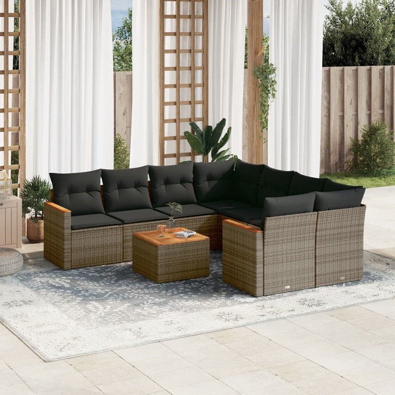 9 Piece Garden Sofa Set with Cushions Grey Poly Rattan