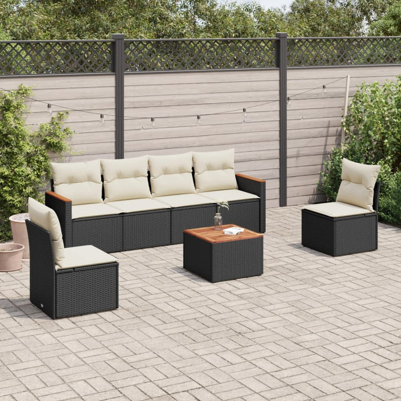 7 Piece Garden Sofa Set with Cushions Black Poly Rattan