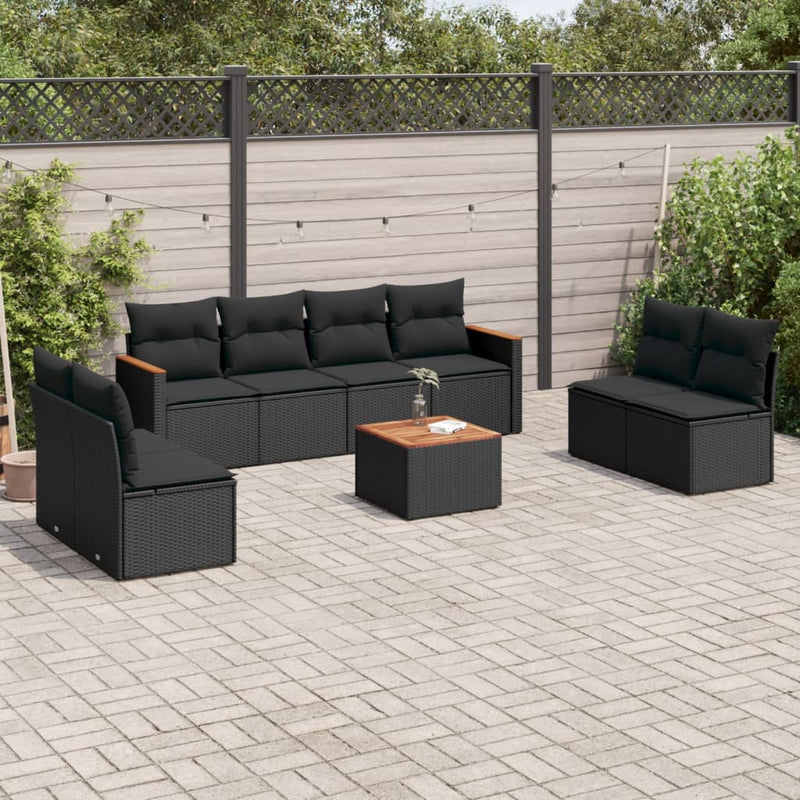 9 Piece Garden Sofa Set with Cushions Black Poly Rattan