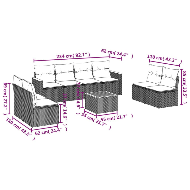 9 Piece Garden Sofa Set with Cushions Beige Poly Rattan