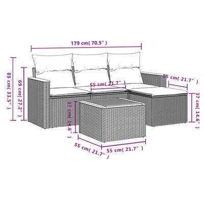 5 Piece Garden Sofa Set with Cushions Grey Poly Rattan