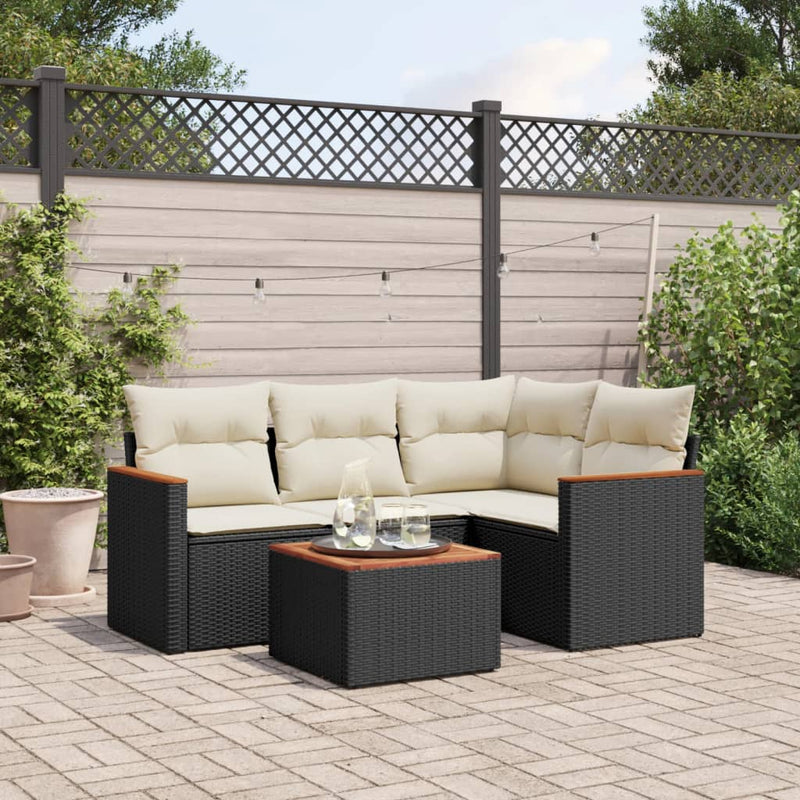 5 Piece Garden Sofa Set with Cushions Black Poly Rattan