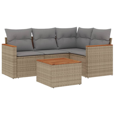 5 Piece Garden Sofa Set with Cushions Beige Poly Rattan