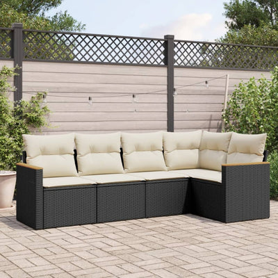 5 Piece Garden Sofa Set with Cushions Black Poly Rattan