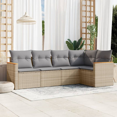 5 Piece Garden Sofa Set with Cushions Beige Poly Rattan