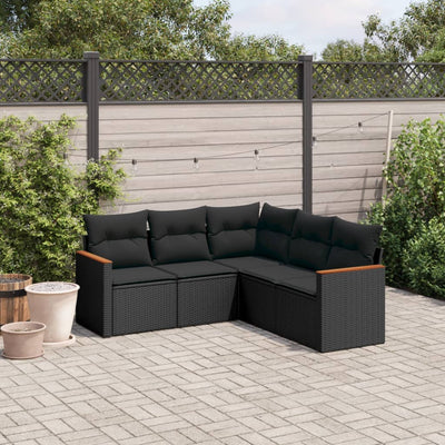 5 Piece Garden Sofa Set with Cushions Black Poly Rattan