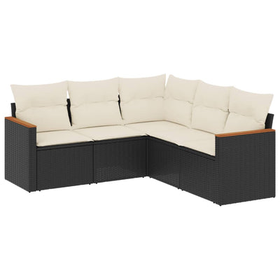 5 Piece Garden Sofa Set with Cushions Black Poly Rattan