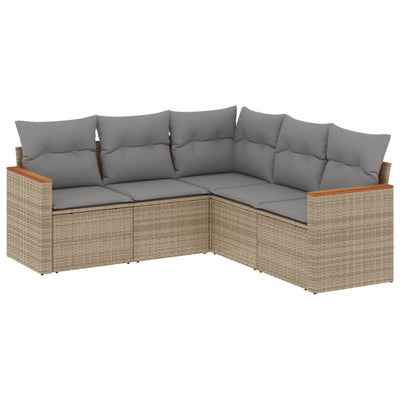 5 Piece Garden Sofa Set with Cushions Beige Poly Rattan