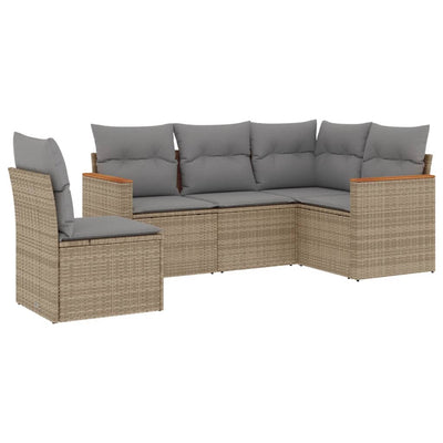 5 Piece Garden Sofa Set with Cushions Beige Poly Rattan