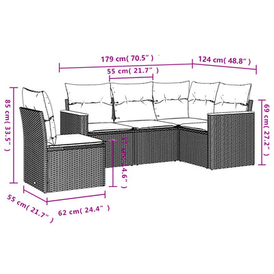 5 Piece Garden Sofa Set with Cushions Beige Poly Rattan