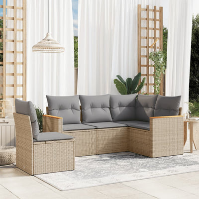 5 Piece Garden Sofa Set with Cushions Beige Poly Rattan