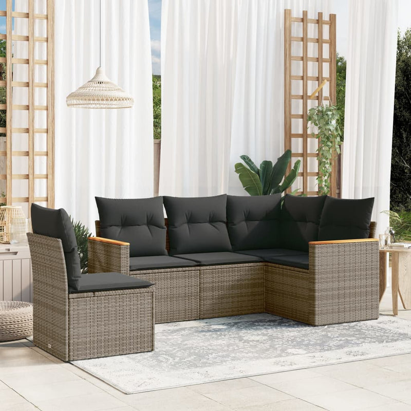 5 Piece Garden Sofa Set with Cushions Grey Poly Rattan