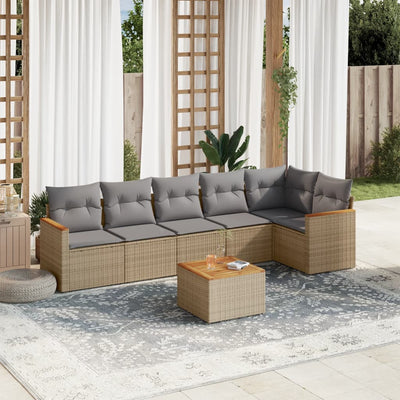 7 Piece Garden Sofa Set with Cushions Beige Poly Rattan