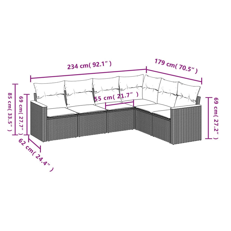 6 Piece Garden Sofa Set with Cushions Grey Poly Rattan