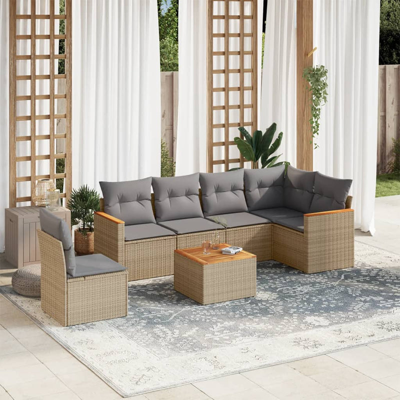 7 Piece Garden Sofa Set with Cushions Beige Poly Rattan