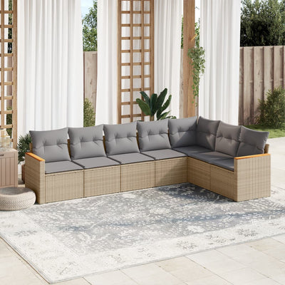 7 Piece Garden Sofa Set with Cushions Beige Poly Rattan