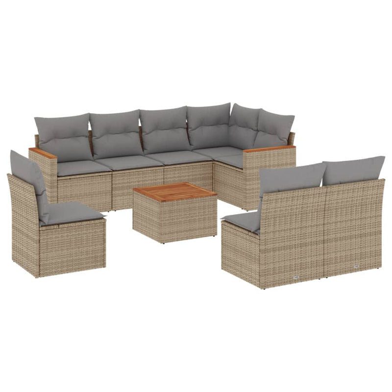 9 Piece Garden Sofa Set with Cushions Beige Poly Rattan