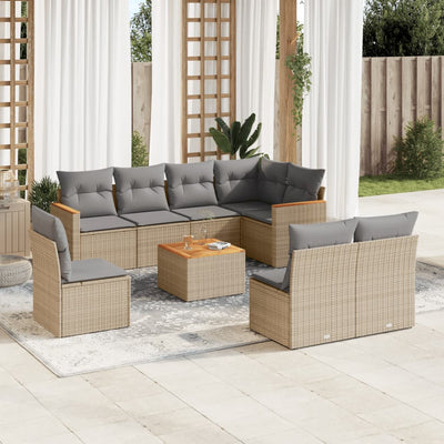 9 Piece Garden Sofa Set with Cushions Beige Poly Rattan