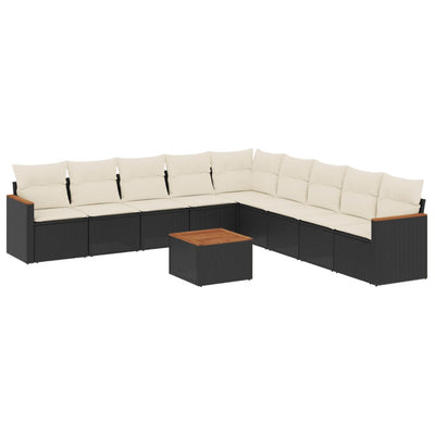 10 Piece Garden Sofa Set with Cushions Black Poly Rattan