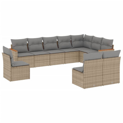 10 Piece Garden Sofa Set with Cushions Beige Poly Rattan