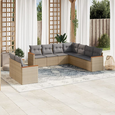 9 Piece Garden Sofa Set with Cushions Beige Poly Rattan