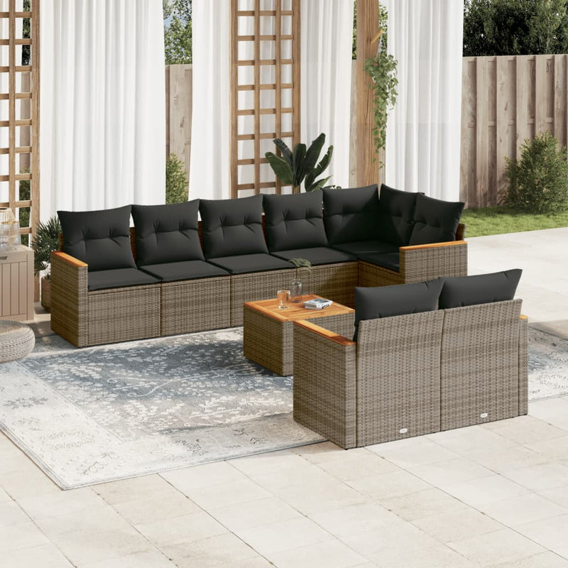 9 Piece Garden Sofa Set with Cushions Grey Poly Rattan