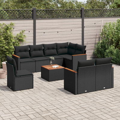 9 Piece Garden Sofa Set with Cushions Black Poly Rattan