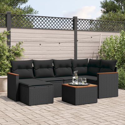 7 Piece Garden Sofa Set with Cushions Black Poly Rattan