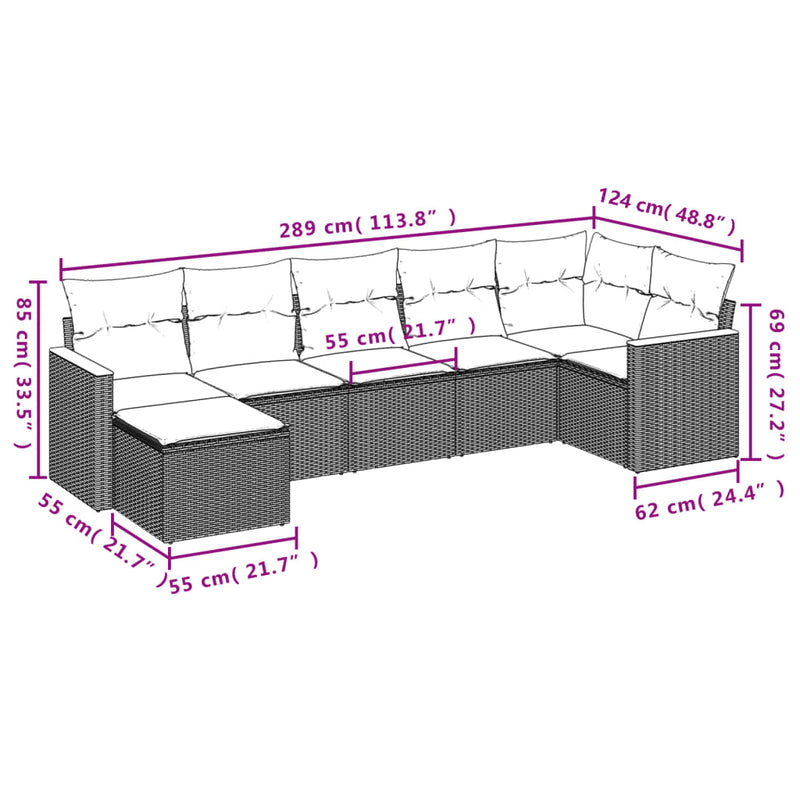 7 Piece Garden Sofa Set with Cushions Grey Poly Rattan