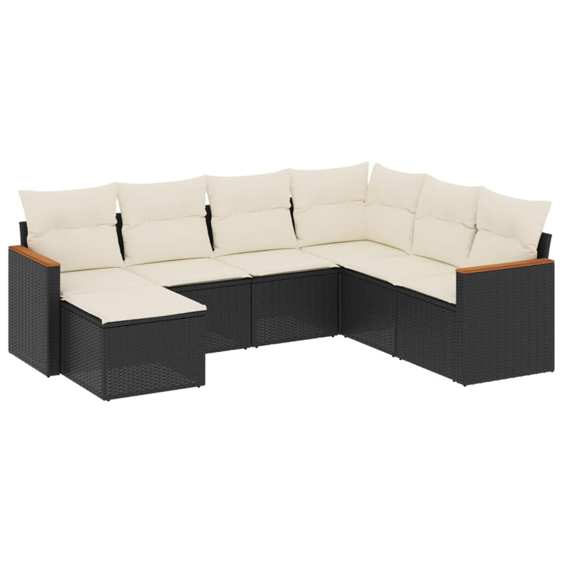 7 Piece Garden Sofa Set with Cushions Black Poly Rattan