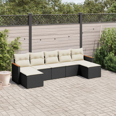 7 Piece Garden Sofa Set with Cushions Black Poly Rattan