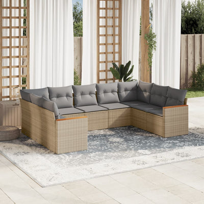 9 Piece Garden Sofa Set with Cushions Beige Poly Rattan