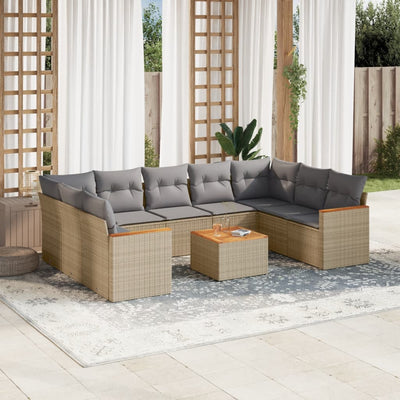 10 Piece Garden Sofa Set with Cushions Beige Poly Rattan