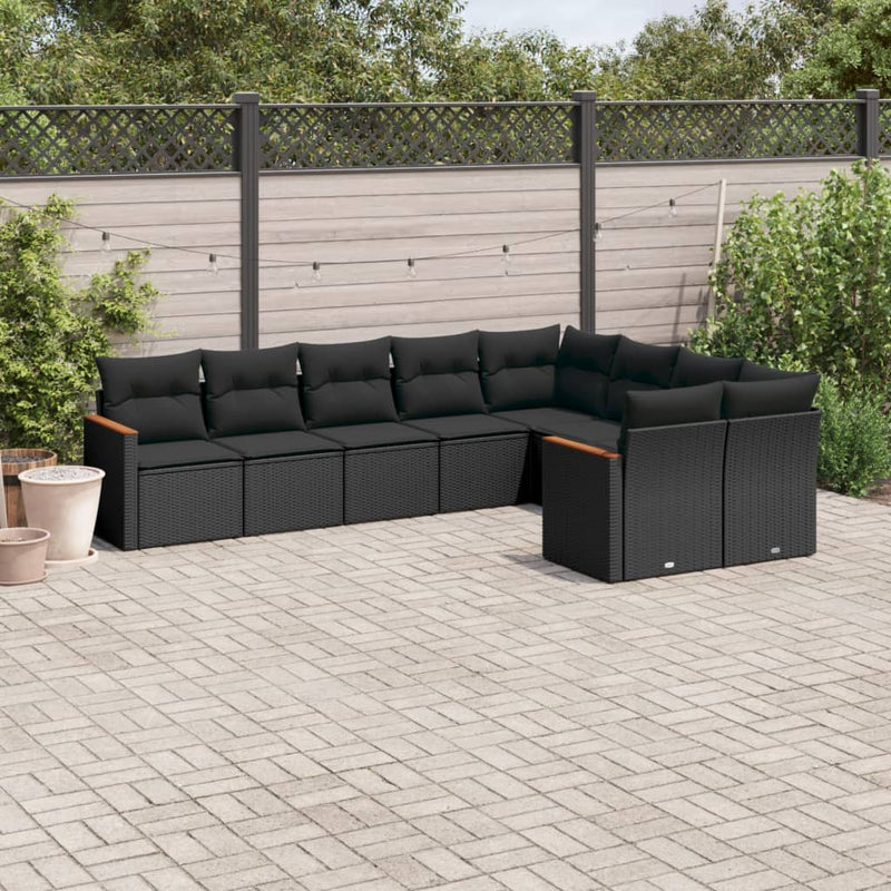 9 Piece Garden Sofa Set with Cushions Black Poly Rattan