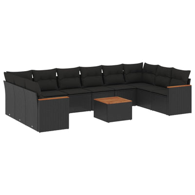 11 Piece Garden Sofa Set with Cushions Black Poly Rattan