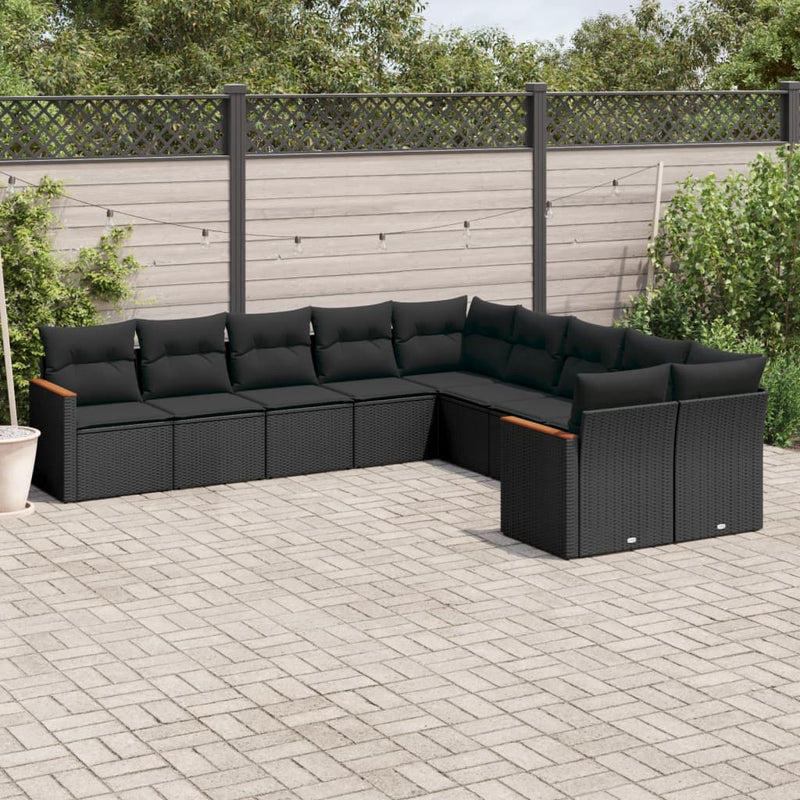 10 Piece Garden Sofa Set with Cushions Black Poly Rattan