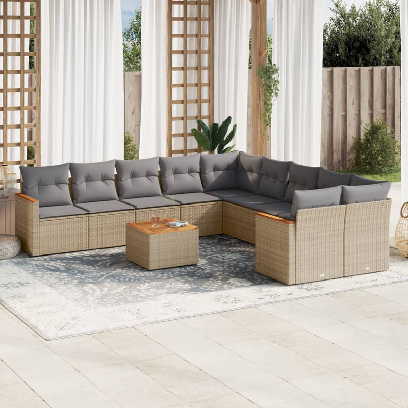 11 Piece Garden Sofa Set with Cushions Beige Poly Rattan