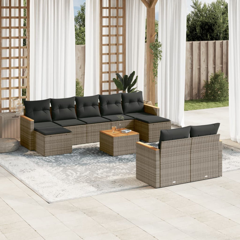 10 Piece Garden Sofa Set with Cushions Grey Poly Rattan