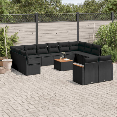 13 Piece Garden Sofa Set with Cushions Black Poly Rattan